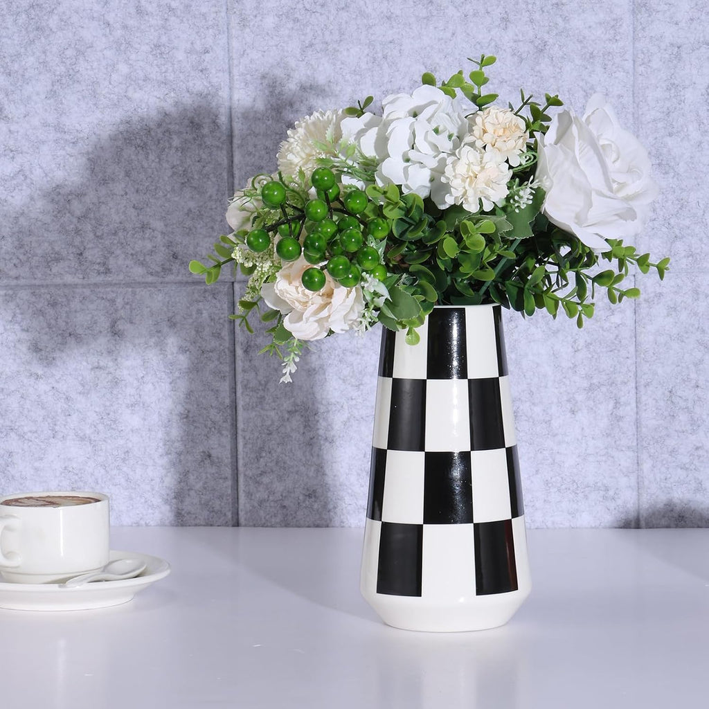 2 Pcs Black and White Ceramic Vase, Mid Century Modern Striped & Checkered Vases for Flower & Pampas Grass Centerpiece, Minimalist Decorative Vase for Dining Table Kitchen Tabletop