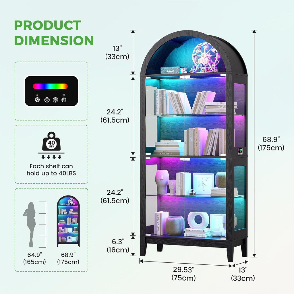 HNEBC Arched Display Case with RGB Lights, 69" Tall 5-Tier Tempered Glass Display Cabinet with Doors, LED Curio Cabinet with Shelf, Bookcase with Music-Synced Lighting for Living Room (Black)