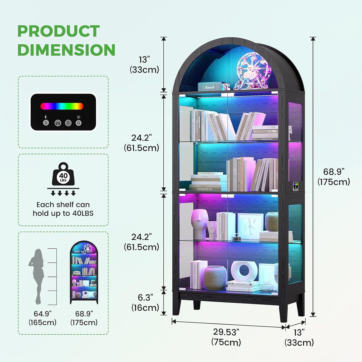 HNEBC Arched Display Case with RGB Lights, 69" Tall 5-Tier Tempered Glass Display Cabinet with Doors, LED Curio Cabinet with Shelf, Bookcase with Music-Synced Lighting for Living Room (Black)