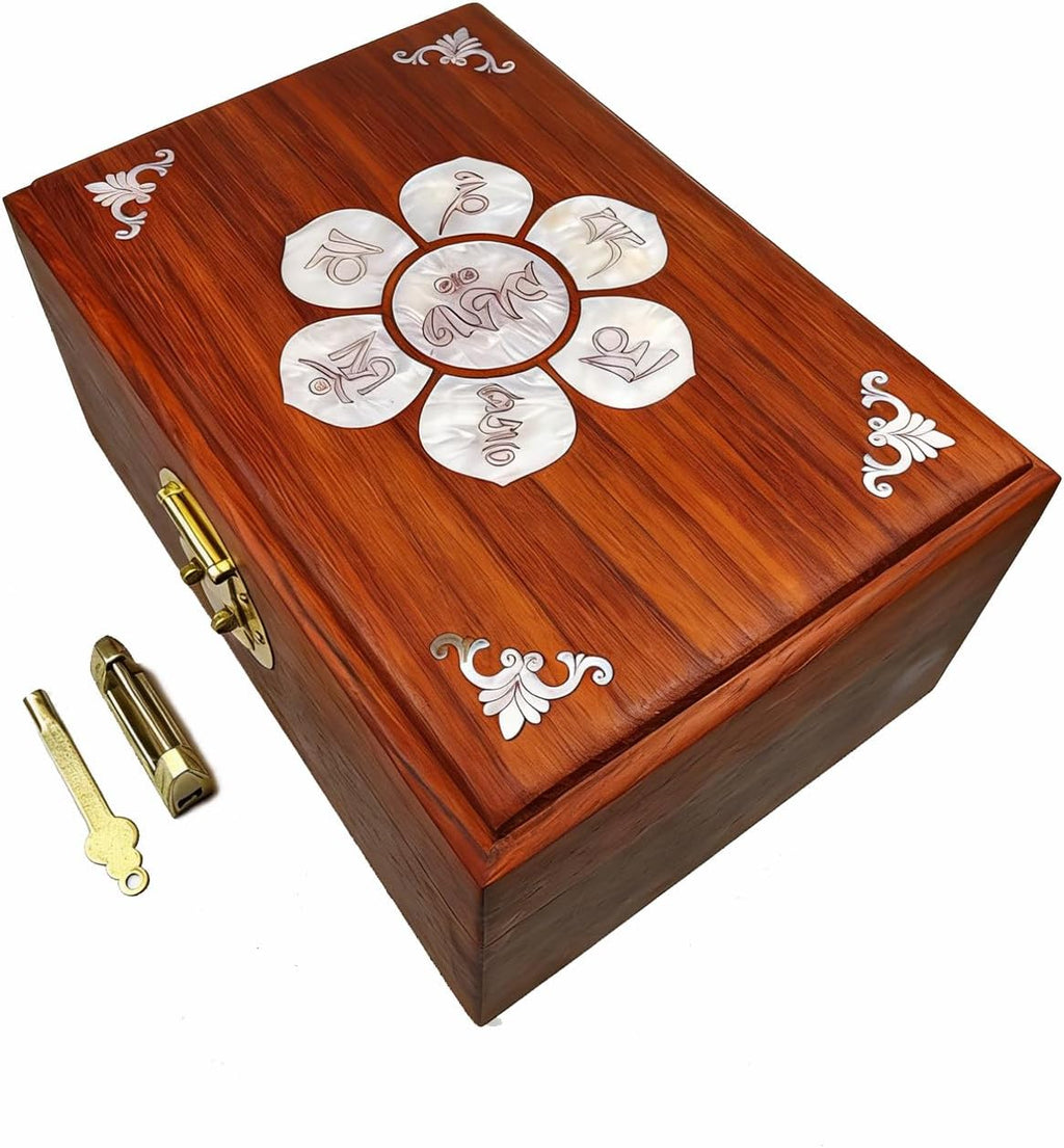 Handcrafted Tibetan Rosewood Box with Lock – Vintage Buddhist Jewelry & Keepsake Organizer, Floral Carved Wooden Altar Box for Mala Beads, Incense, Tarot, Spiritual Decor
