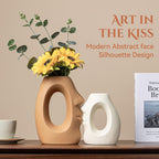 Beige & Brown Ceramic Vases for Home Decor, Modern Abstract Face Vase Set of 2, Unique Boho Flower Vases for Living Room, Office, Entryway, Wedding for Couple, Home Gifts for Friends