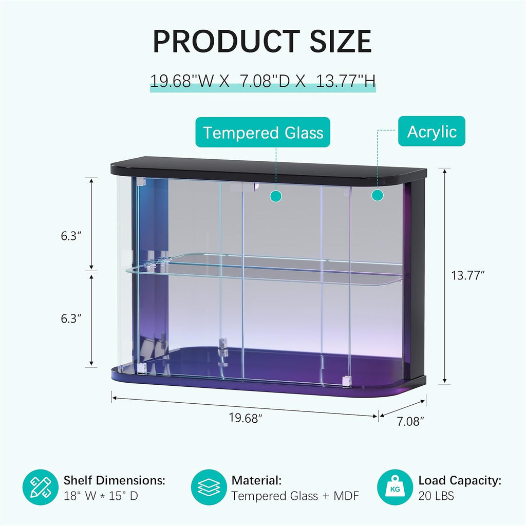 Lvifur Rounded Glass Display Case - for Figures & Collectibles, 2-Tier Curio Display Cabinet with RGB Lights, Small Lighted Display Box with Glass Door, Glass Shelf, Mirror Back, Black