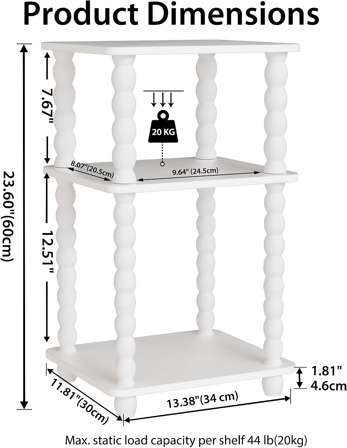 Tohiasen 3 Tier Side Table - Compact End Table with Solid Wood Legs, Small Nightstand with Open Shelves for Living Room Bedroom Office Nursery Small Spaces (White, Rectangular)