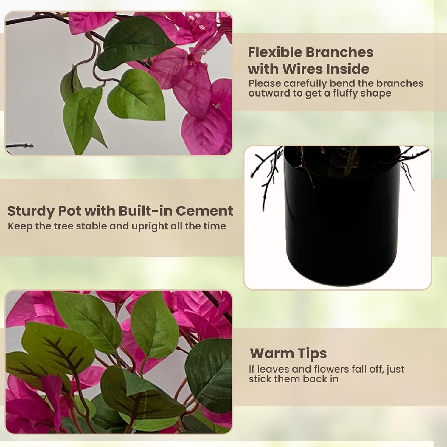 3FT Artificial Bougainvillea Tree – Realistic Faux Bougainvillea Tree with Pink Silk Flowers, Lifelike Artificial Flowering Plant in Pot for Indoor Outdoor Home, Living Room, Porch, Patio Decor