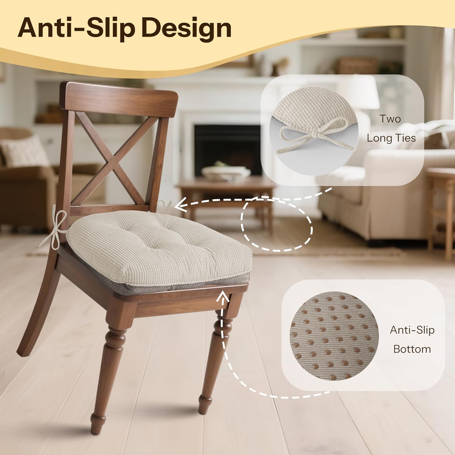 Indoor Kitchen Chair Cushions Set of 4 18"X16.5"X3" Soft Anti Slip Dining Chair Pads Tufted Kitchen Seat Cushion with Ties, Beige