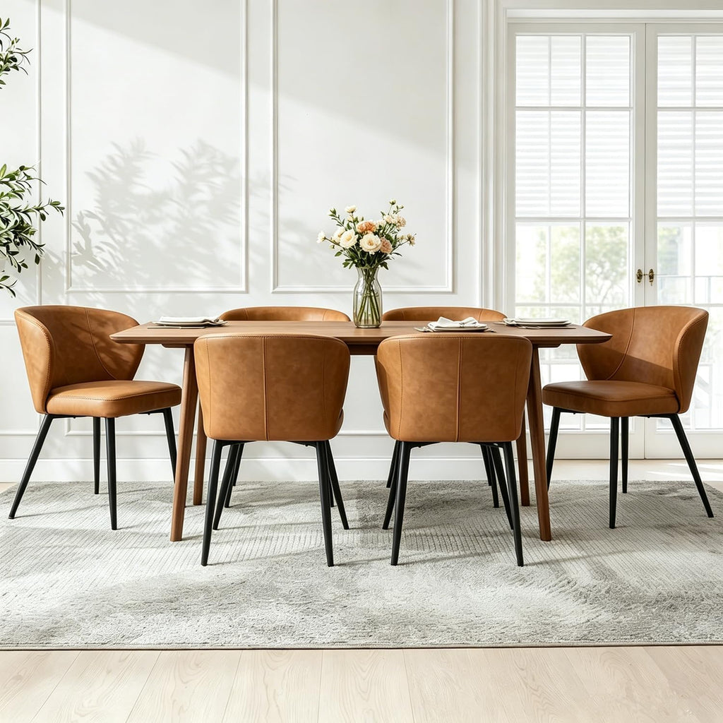 Brown Leather Dining Chairs Set of 6, Sturdy Metal Legs, High-Resilience Sponge, Non-Scratch Pads, for Kitchen, Dining Room, Living Room