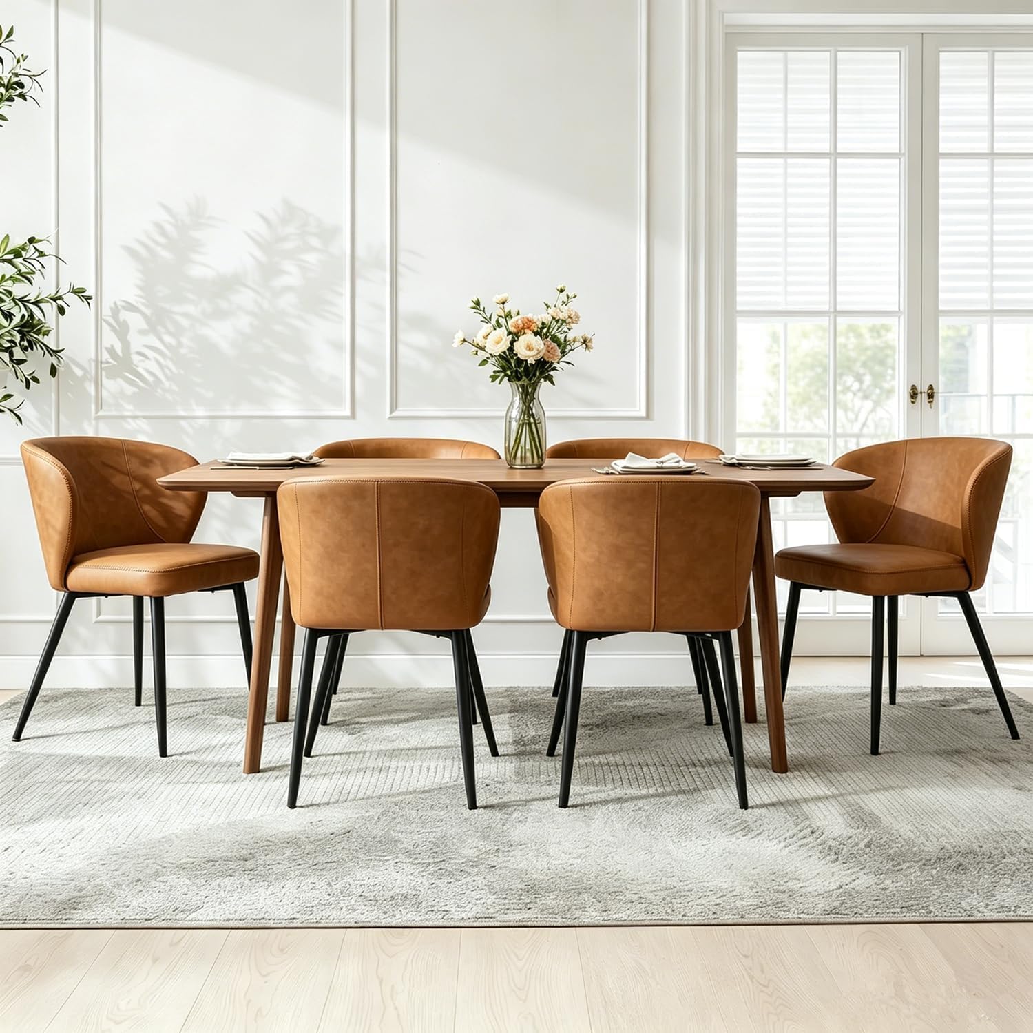 Brown Leather Dining Chairs Set of 4, Sturdy Metal Legs, High-Resilience Sponge, Non-Scratch Pads, for Kitchen, Dining Room, Living Room