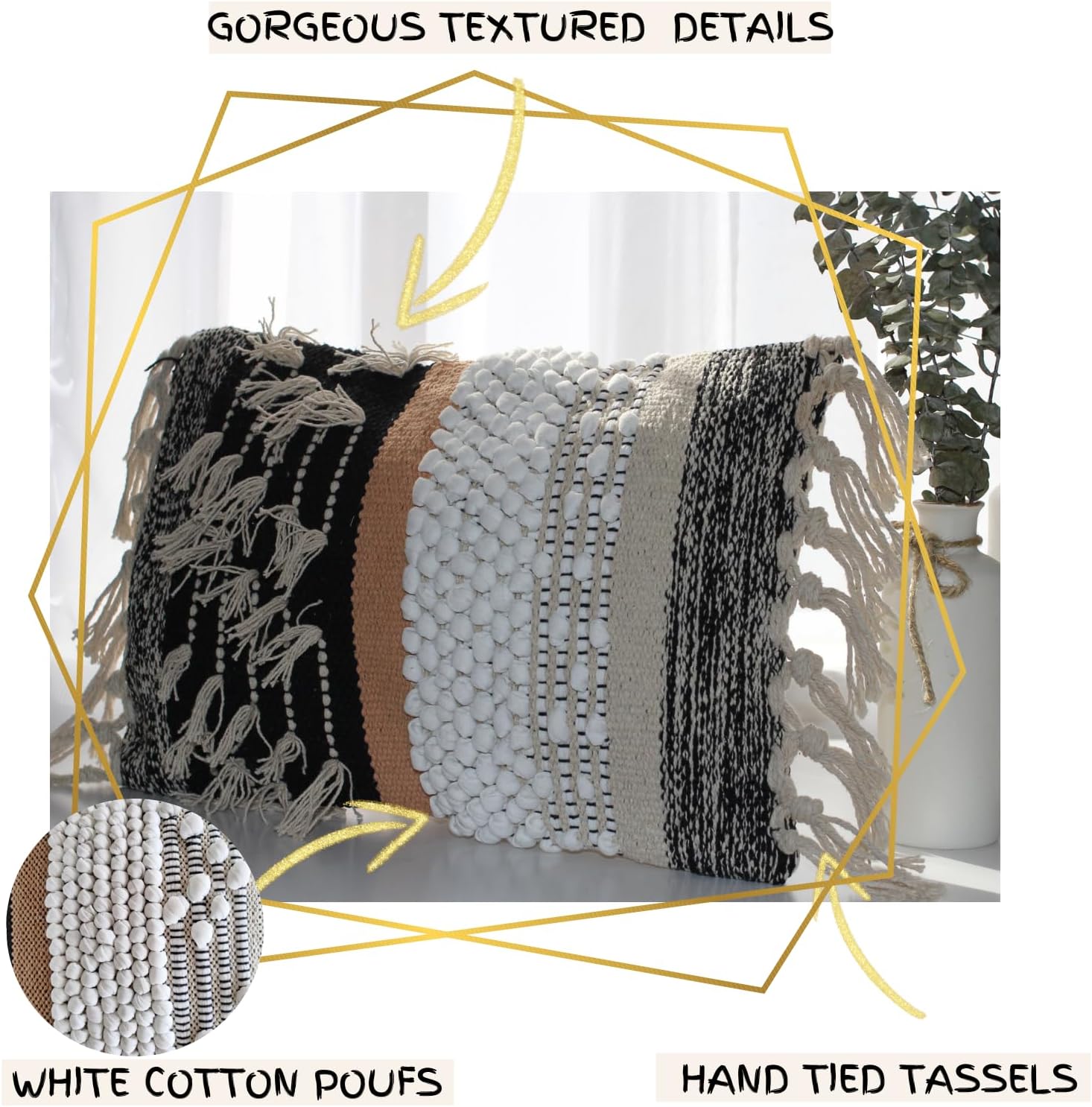 Decorative Boho-Chic Premium Pillow Cover 12x20 Handwoven Tufted Cotton Lumbar Accent Pillows, Neutral Earthly Color Throw Cushion, Farmhouse & Bohemian Home Decor (no Insert)