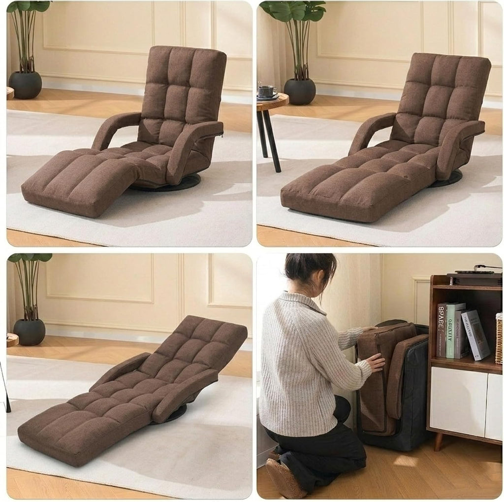 360° Swivel Floor Gaming Chair with Adjustable Footrest, 14-Position Folding Floor Lounger Sofa with Armrests, Reclining Floor Chair for Adults, Reading, Gaming & Relaxing (Brown)