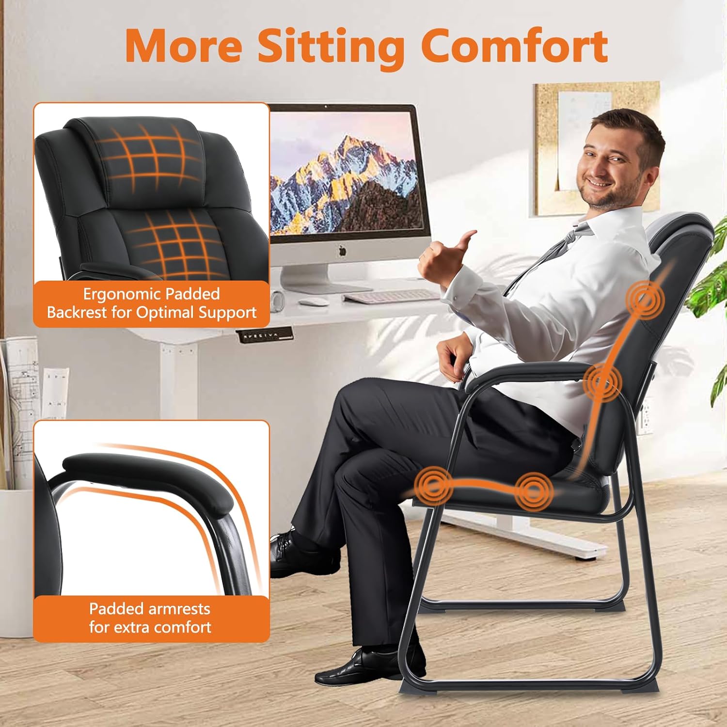 CLATINA Big and Tall 500 lbs Waiting Chair, Leather Guest Reception Chairs with Sled Base and Padded Arm Rest for Waiting Room Office Home and Meeting Conference-Black