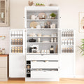 77 Inch Kitchen Pantry Cabinet with Wine Racks, White | White MDF, kitchen or dining room, adjustable shelves, wine racks, power outlet, door shelves, 35 in W, 77 in H