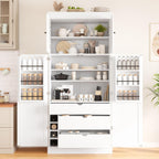77 Inch Kitchen Pantry Cabinet with Wine Racks, White | White MDF, kitchen or dining room, adjustable shelves, wine racks, power outlet, door shelves, 35 in W, 77 in H