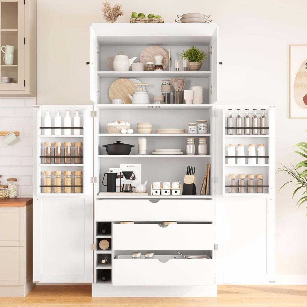 Large Freestanding Kitchen Pantry Cabinet, Cupboard Storage Cabinet with Adjustable Shelves, Door Shelves, Drawers and Wine Racks for Kitchen, Dining Room (White)