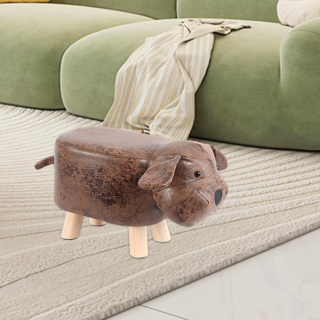 Cartoon Footstool Animal Shaped Upholstered Ottoman Foot Rest Padded Pouffe Stool with Wooden Legs and Soft Cushion Suitable for Kids Room Playroom, Brown