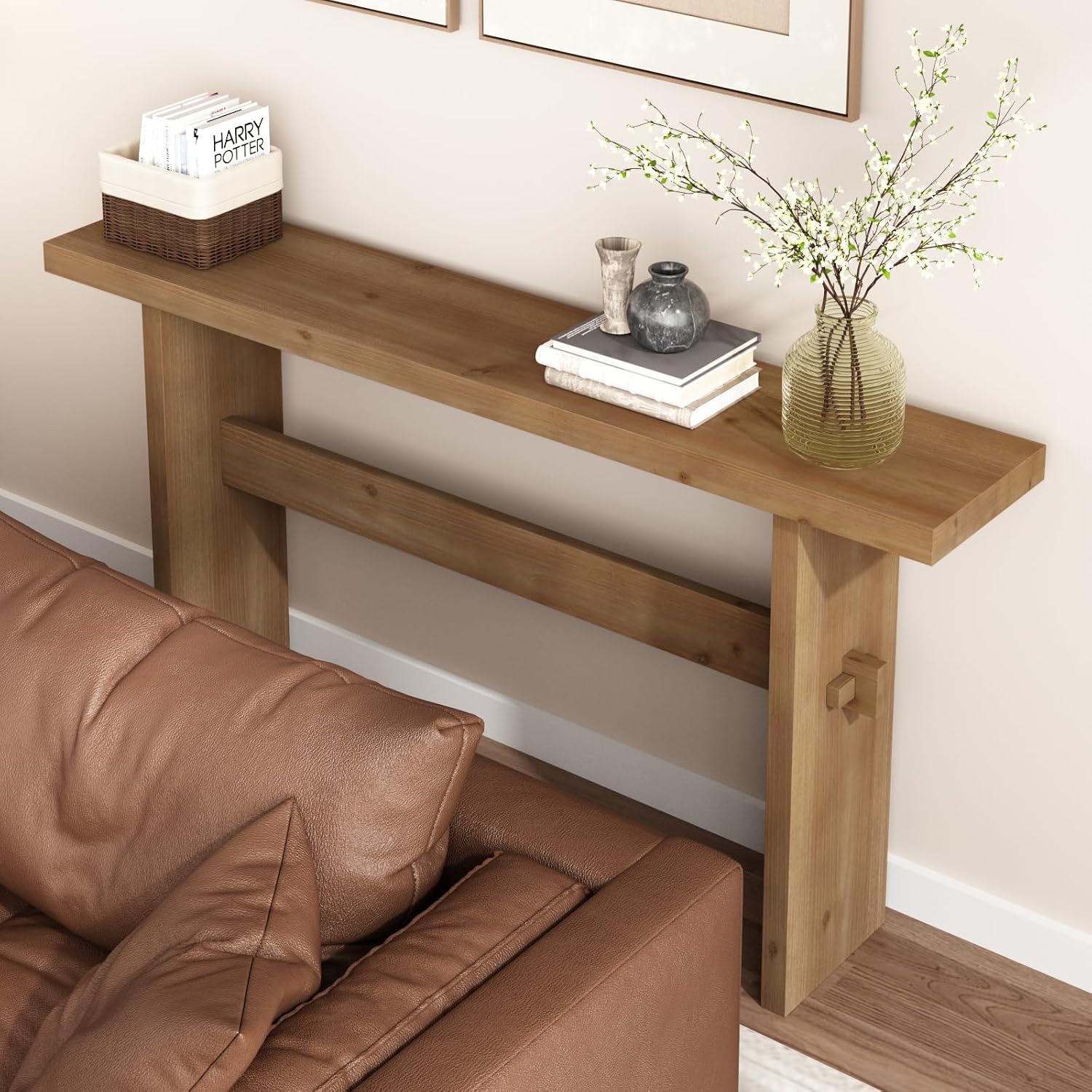 Solid Wood Console Table, 63" Farmhouse Entryway Table with Sturdy Mortise and Tenon Joints, Rustic Sofa Table for Hallway, Behind Couch, Foyer, 15 Mins Easy Assembly