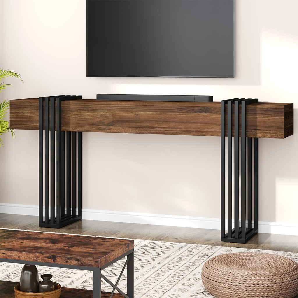 knoworld 71 Inch Long Console Table, Extra Thick Industrial Sofa Table Behind The Couch Rectangular Entryway Table for Entrance Hallway Living Room, Entire top Board & 4-Pipe Legs, Walnut