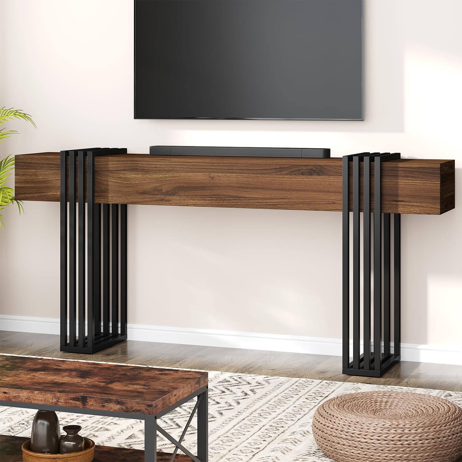 knoworld 71 Inch Long Console Table, Extra Thick Industrial Sofa Table Behind The Couch Rectangular Entryway Table for Entrance Hallway Living Room, Entire top Board & 4-Pipe Legs, Walnut