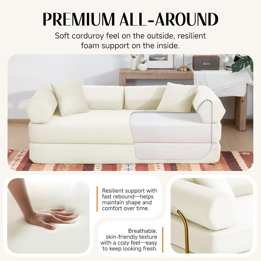 79" Corduroy Sofa Bed, Boneless Couch in a Box with 2 Pillows, High-Density Foam 4-in-1 Foldable Sleeper Futon Loveseat for Small Spaces, No Assembly, Side Pockets, Hex Arm White