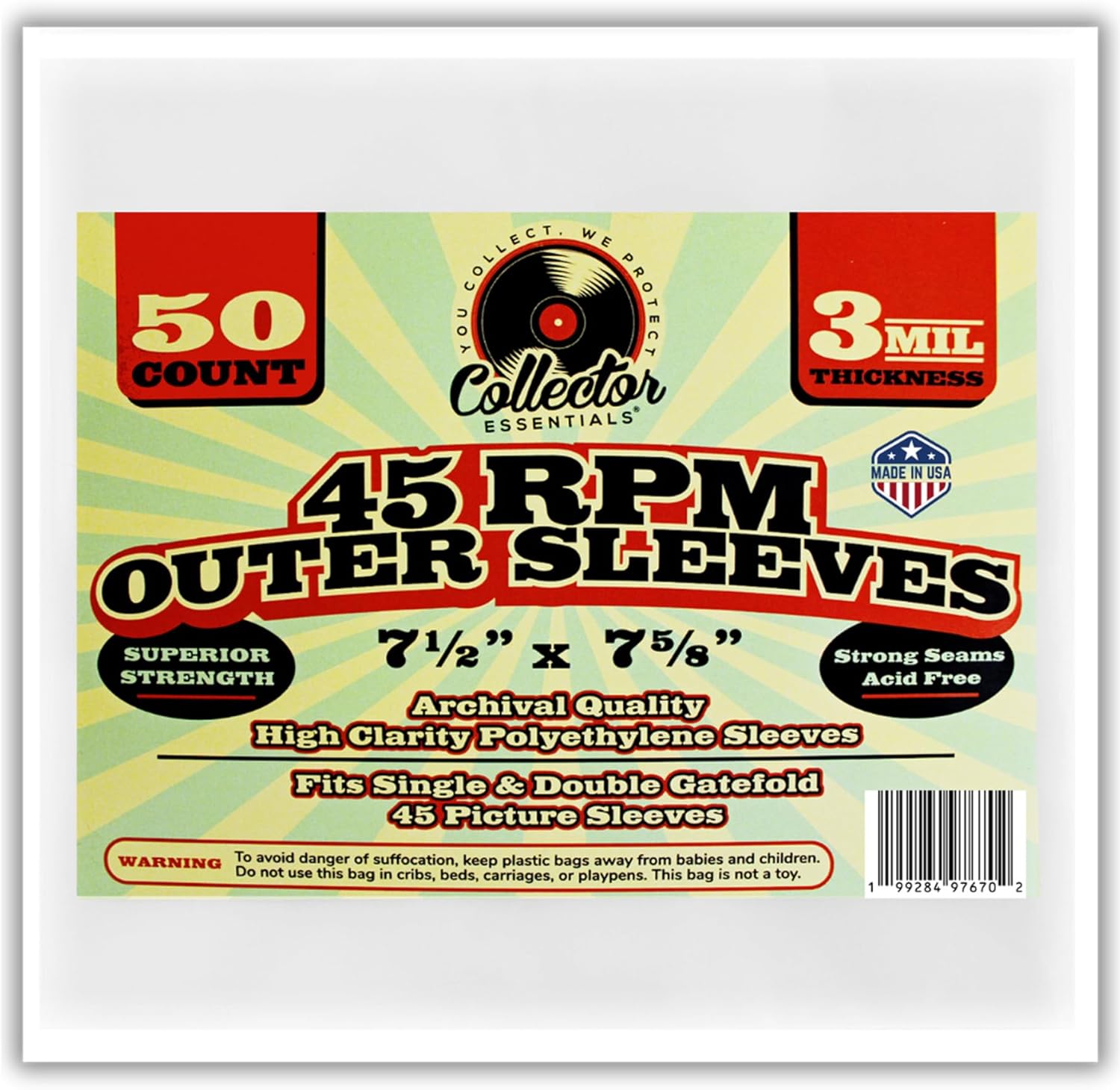 100-Pack 45 RPM Vinyl Record Outer Sleeves 7 Inch Clear Protective Bags