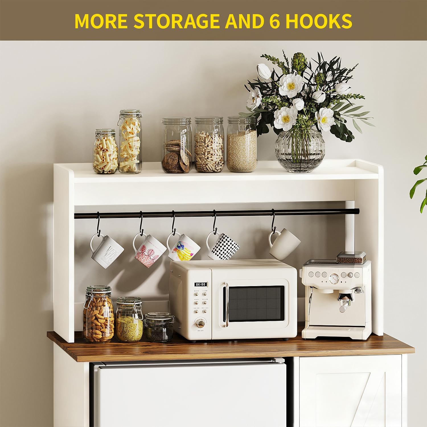 Mini Fridge Stand Coffee Bar Cabinet,Freestadning Coffee Stand Station Bakers Rack with Mini Fridge Space & Power Outlet,for Kitchen Dining Room Living Room,White