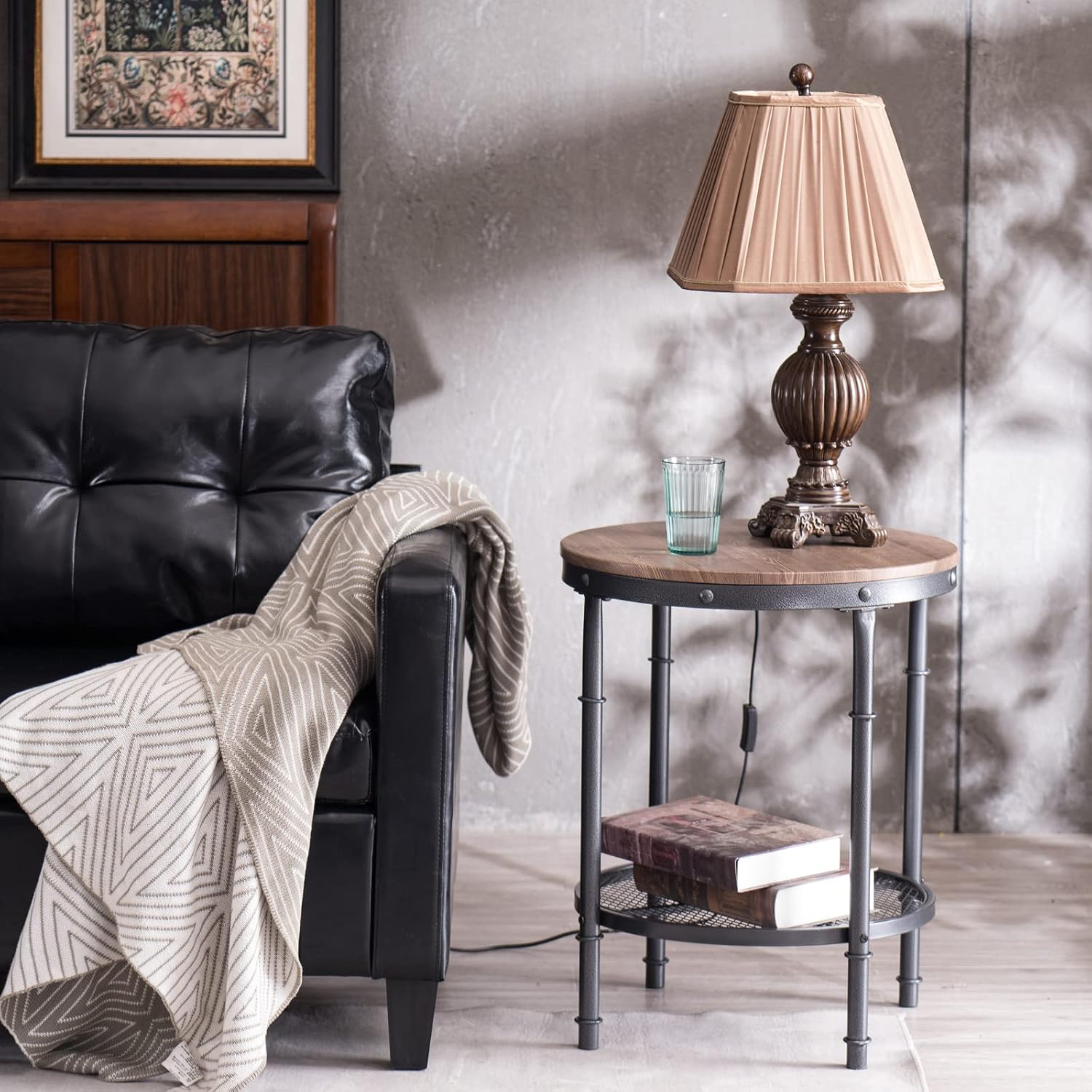 VINGLI Industrial Round End Table - 20" Metal & Wooden Side Table for Couch & Living Room
