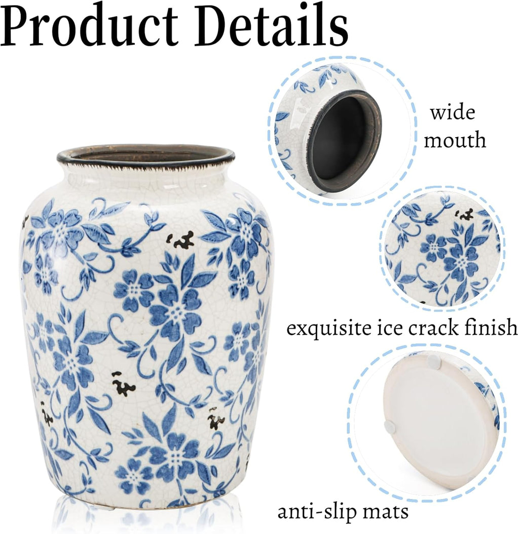 Goaste Vintage Blue and White Porcelain Vase, 7.7 Inch Chinoiserie Ceramic Flower Vase, Decorative Ice Crackle Pottery Vases, Handmade Oriental Floral Terracotta for Home Decor, Table Centerpiece
