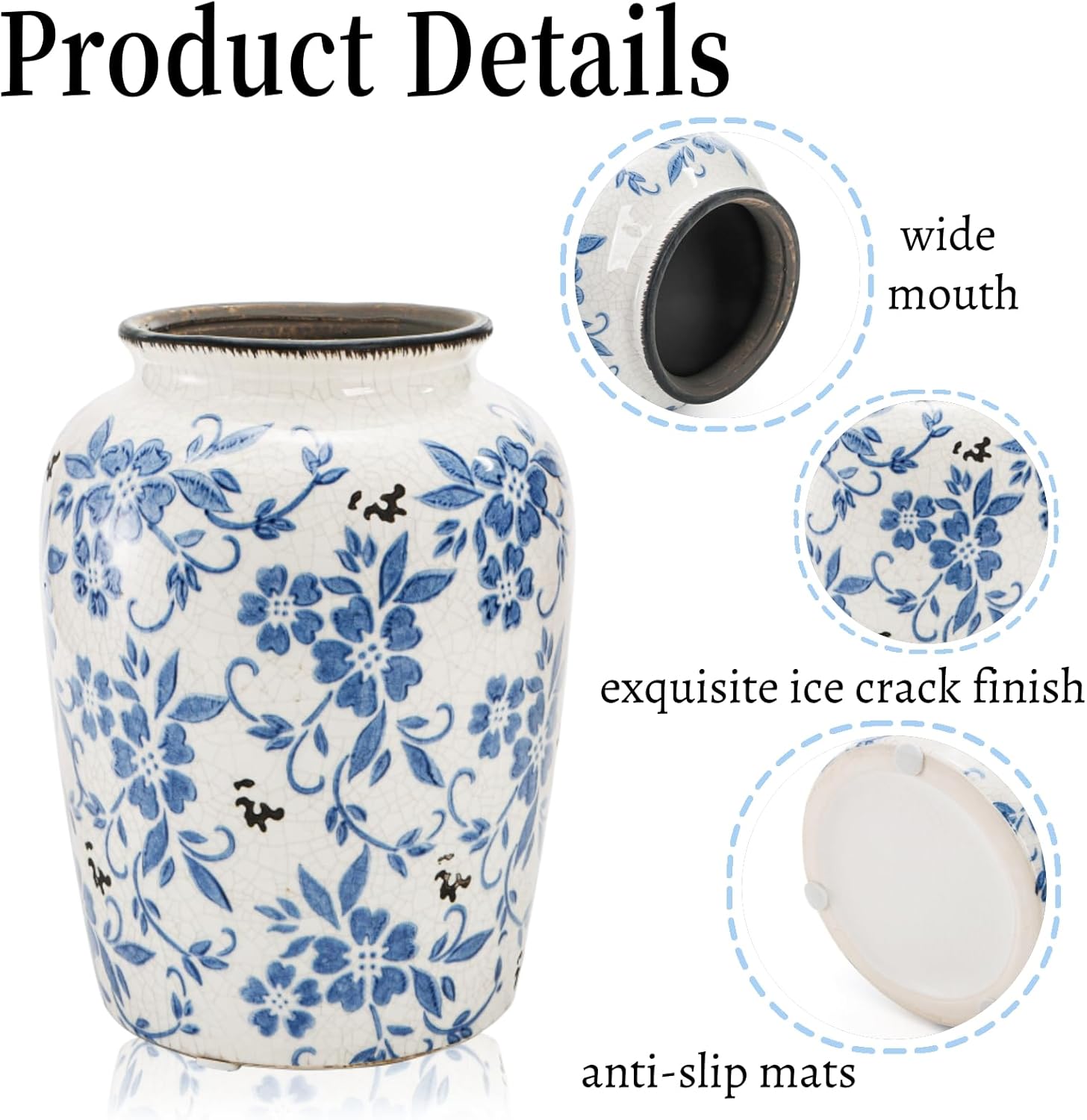Goaste Vintage Blue and White Porcelain Vase, 7.7 Inch Chinoiserie Ceramic Flower Vase, Decorative Ice Crackle Pottery Vases, Handmade Oriental Floral Terracotta for Home Decor, Table Centerpiece
