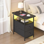 sthmec End Table with Charging Station, Narrow Side Table with 2 Drawers, LED Nightstands with Drawers, USB Ports & Power Oulets,Slim Sofa Side Tables for Small Spaces,Living Room,Bedroom, Black
