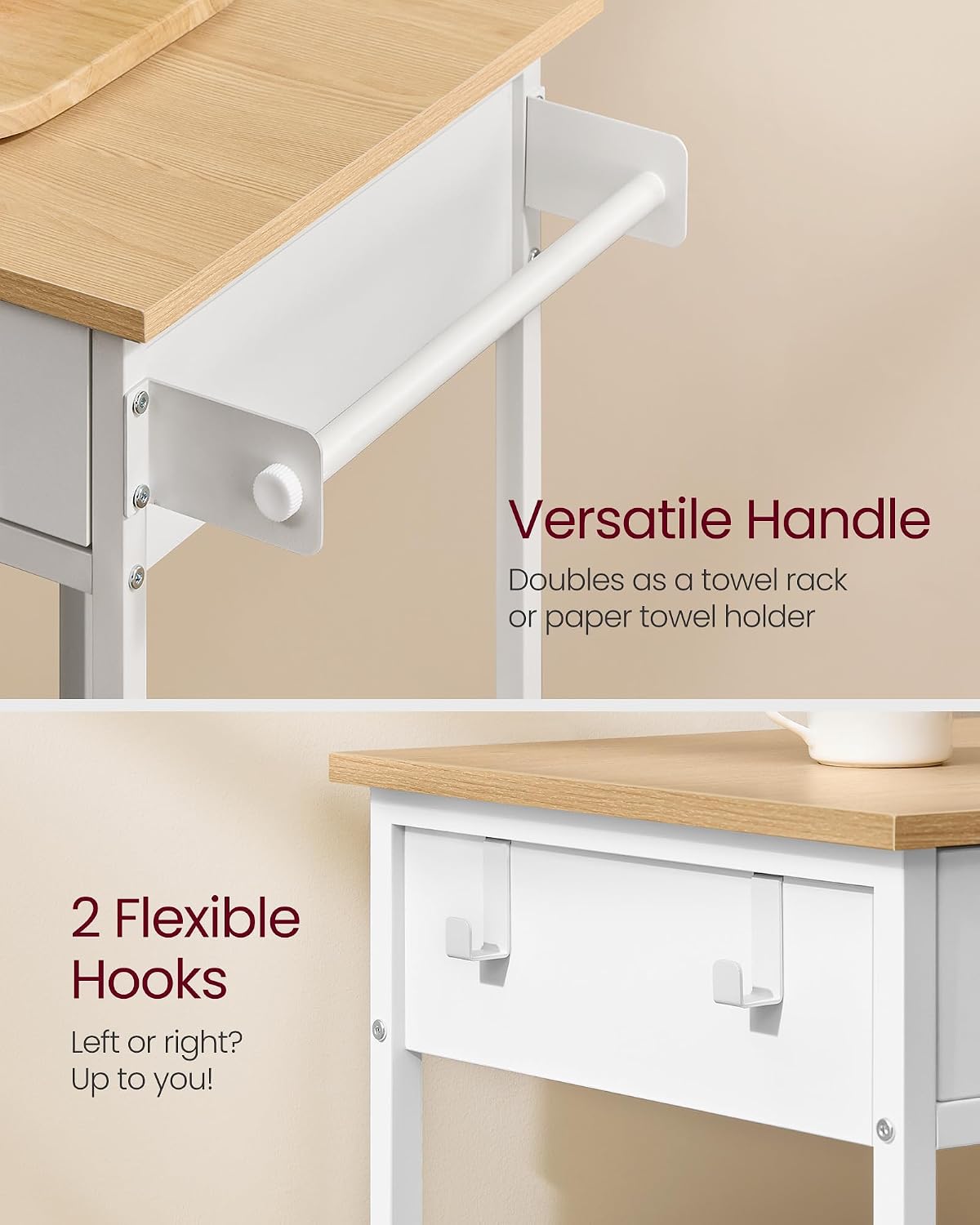 VASAGLE Kitchen Rolling Island, Mobile Kitchen Cart with Storage on Wheels, 17.7 x 38.8 x 35.4 Inches, Towel Rack, 2 Drawers, 2 Hooks, for Dining Room, Oak Beige and Matte White UKKI010Y01