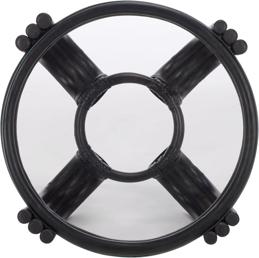 SAFAVIEH Home Collection – Bilian Round Accent Table, Black Rattan Base with Tempered Glass Top, Fully Assembled Accent Table for Living Room or Bedroom (ACC9900C)