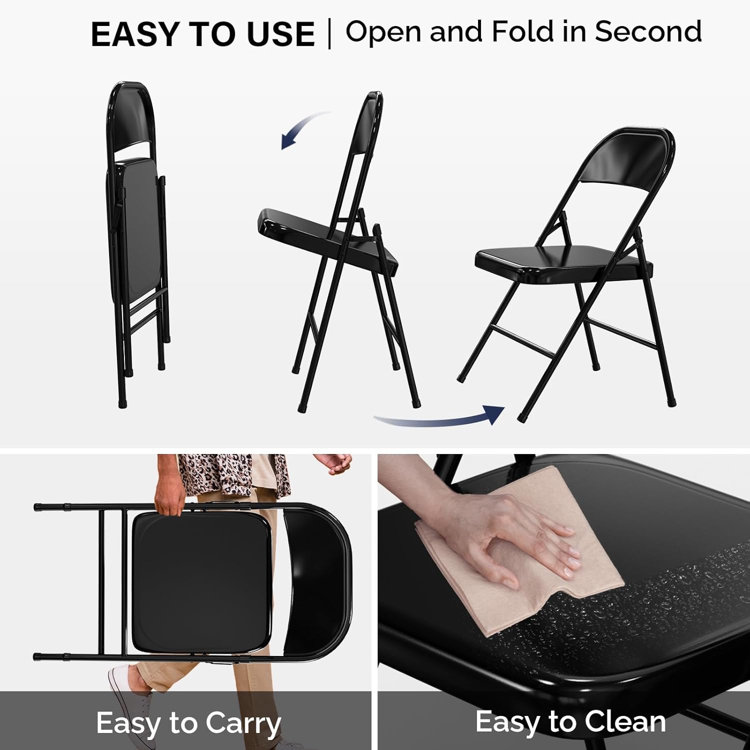VINGLI Folding Chairs All Steel Metal Frame, Capacity 350 lbs, Durable Portable and Versatile for Indoor Outdoor Use, Black, Set of 4