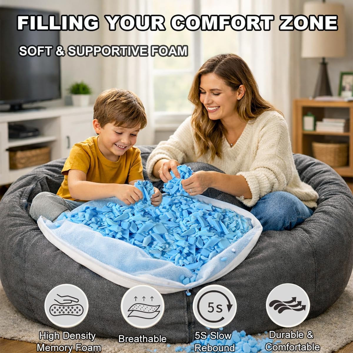 20lbs Bean Bag Filler – Bulk Soft Shredded Memory Foam for Pillows, Couch Cushions, Punching Bag, Dog Beds & Crafts, Clean Fluffy Stuffing for Home Refill Projects