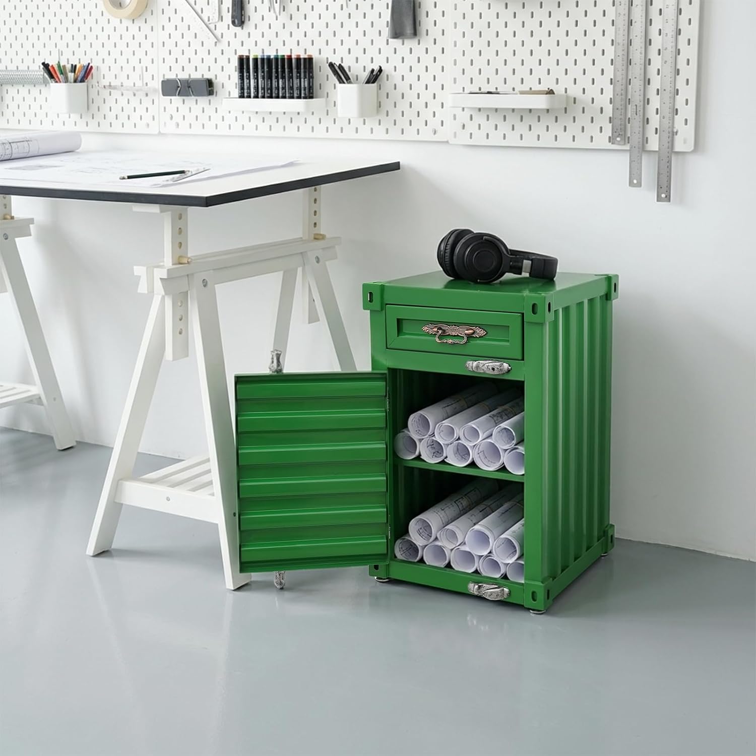 Industrial Metal Container Side Table, 3-Tier End Tables with Drawers, Bedside Table, Container Style Locker Wrought, Retro Style Metal Container Cabinet for Bar/Bedroom/Garage (Green)