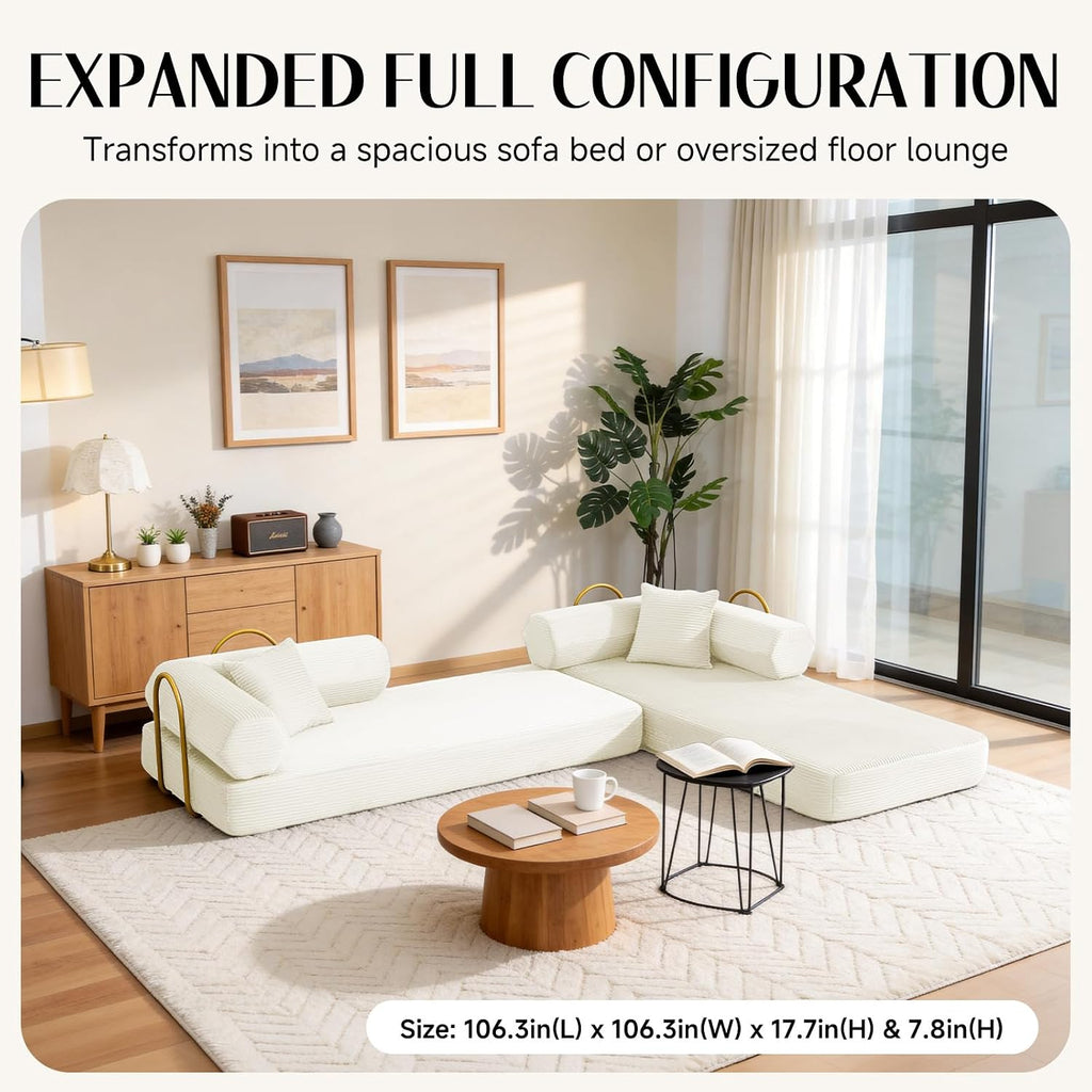 79" Corduroy Sofa Bed, Boneless Couch in a Box with 2 Pillows, High-Density Foam 4-in-1 Foldable Sleeper Futon Loveseat for Small Spaces, No Assembly, Side Pockets, Hex Arm White