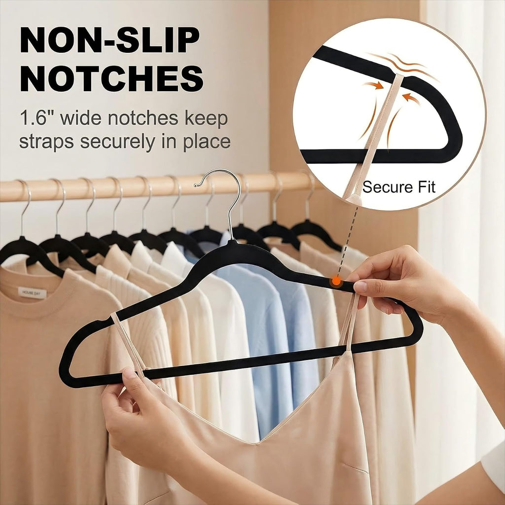 HOUSE DAY Quality Plastic Hangers 100 Pack - Heavy Duty Non-Velvet Hangers with Non Slip Notches & 360° Swivel Hook - Slim Space Saving Clothes Hangers Ideal for Coats Shirts Jackets Dresses (Black)
