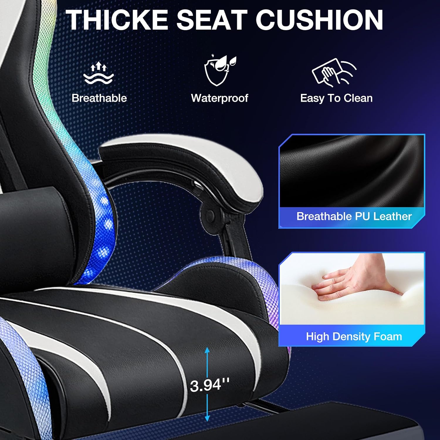 RGB Gaming Chair with LED Lights Massage Computer Chair Ergonomic High Back Video Game Chair with Footrest and Adjustable Lumbar Support Gamer Chairs with Linkage Armrest White and Black