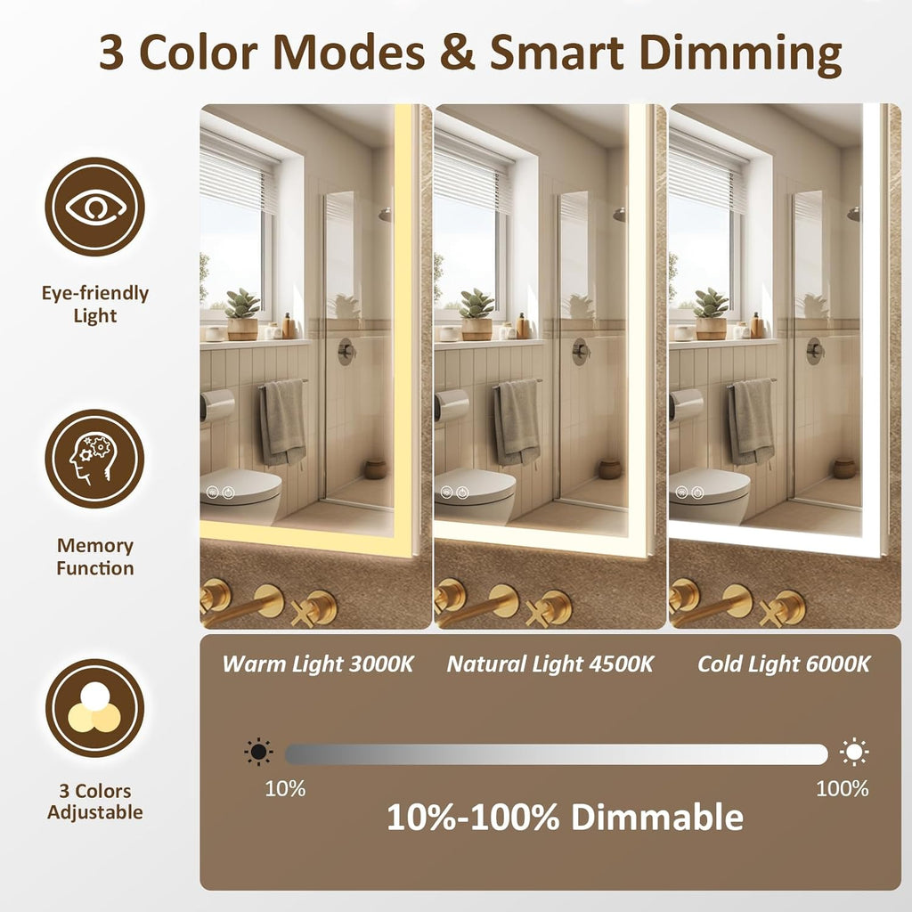 Lighted Medicine Cabinet with Mirror 20x26 IN, LED Medicine Cabinet Mirror with 3-Colors Dimmable Light, Defog, Medicine Cabinet with Lights Built-in Sensing Light, 2 Outlets, Recessed or Wall Mount