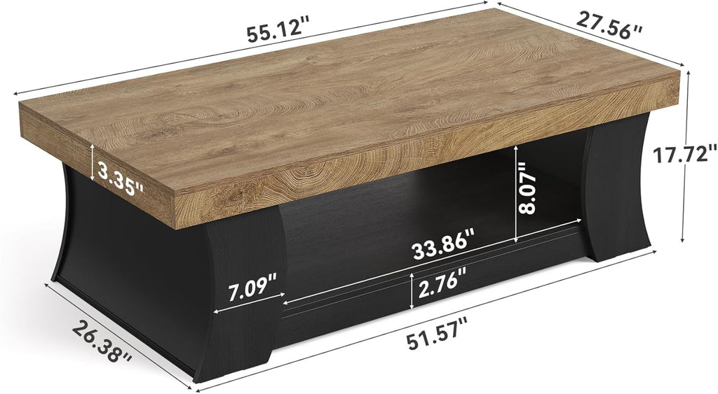 LITTLE TREE 55" Coffee Table, Living Room Table with Storage Shelf, Wooden Coffee Table, Modern Farmhouse Rectangle Center Table for Living Room, Bedroom, Office, Rustic Brown+Black