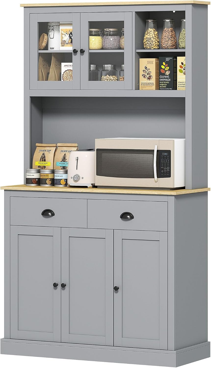 71-inch Height Kitchen Pantry, freestanding with Reversible Adjustable Shelves Three Heights, Wide countertop Cable Access, Gray and Yellow Oak Finish