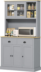 Pantry Cabinet 71-inch freestanding, Four Adjustable Shelves at Three Positions, Wide countertop Cable Hole, Gray and Yellow Oak Design