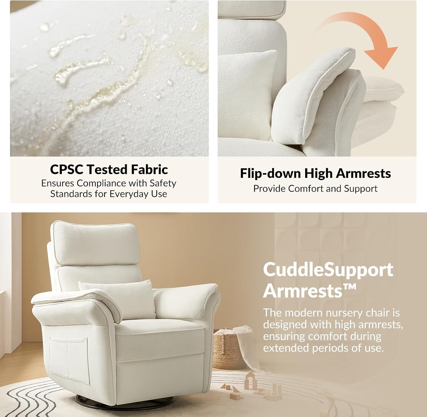 Modern Power Swivel Rocker Recliner Chair with USB Port and Storage Bags, Nursery Glider Recliner with Adjustable Headrest and Armrests, , GREENGARD, FSC, CertiPUR-US® Certified, White