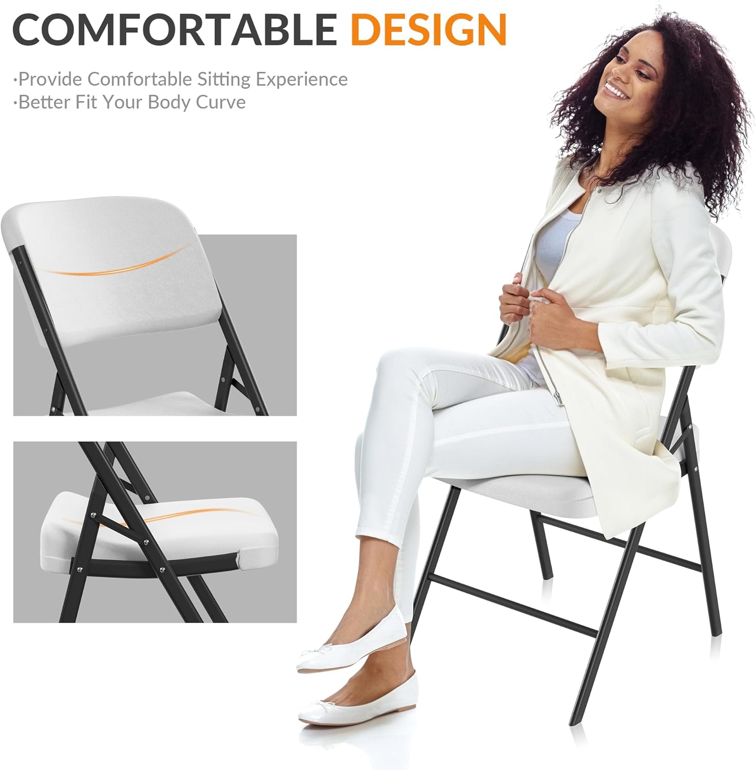Elevon Folding Chairs Heavy Duty Plastic Chairs with 350-Pound Capacity for Home Office Camping Kitchen Dining Wedding Party Event Picnic, White, 2-Pack