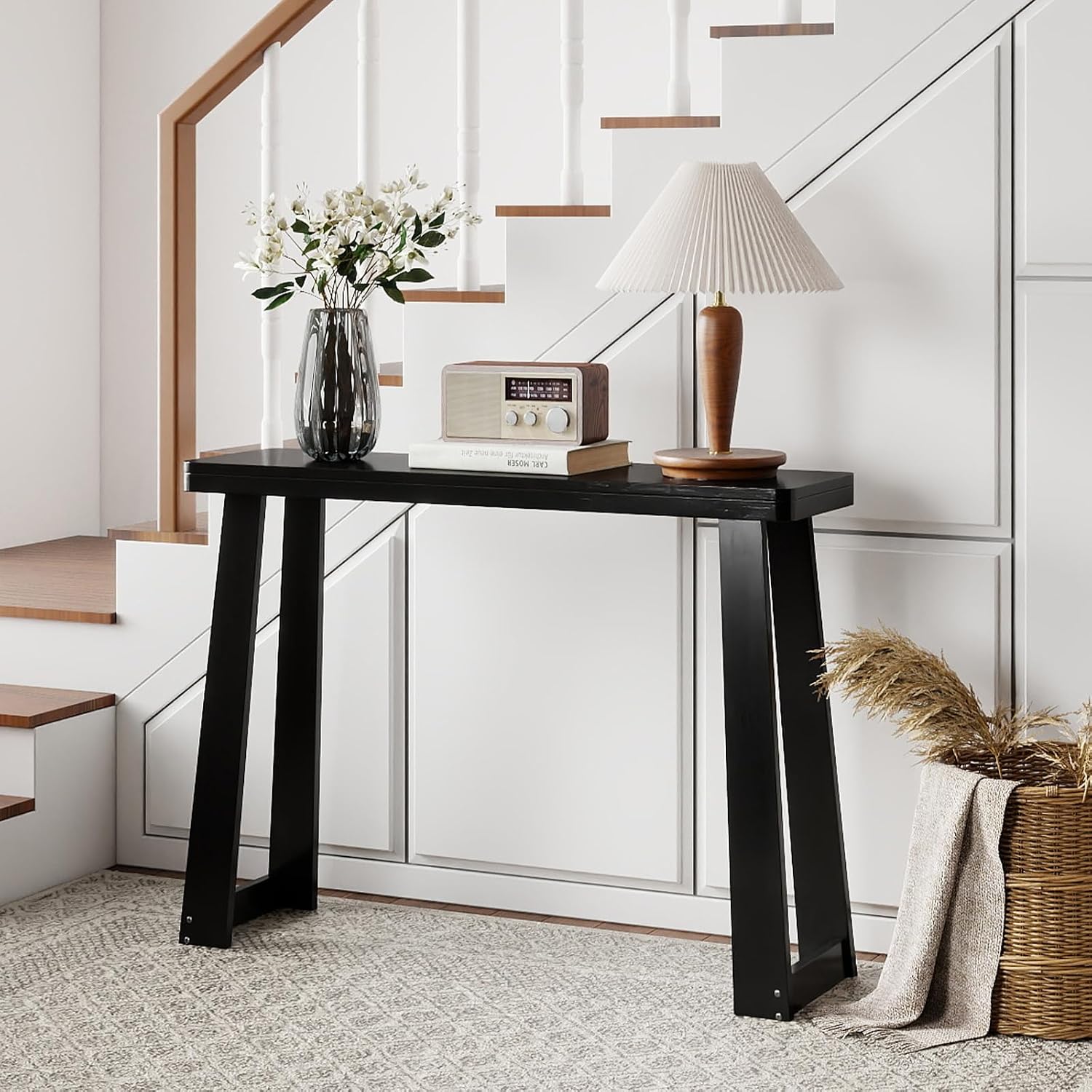 Giantex Narrow Long Console Table, 43" Modern Entryway Table Behind the Couch, Rubberwood Accent Sofa Tables for Living Room, Foyer, Hallway, Bedroom, Entrance (Black)