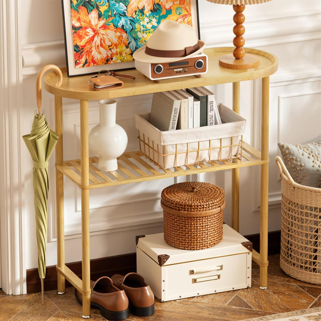 Small Entryway Table Bamboo 30.7", Narrow Hallway Table Oval Top 2-tier, Slim Console Table with Anti-fall Edge, Sofa Side Table 5min Easy Assembly, Small TV Stand for Bedroom, Indoor Plant Stand
