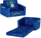 Costzon Kids Couch, 2 in 1 Flip Open Children's Sofa w/Velvet Fabric, Storage Pockets, Toddler Armrest Chair Bed for Nap Play Sleep, Ideal Gift for 0-4 Years Old Baby Boys Girls, Blue Space