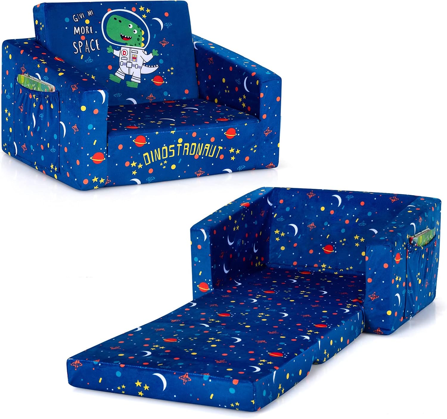 Costzon Kids Couch, 2 in 1 Flip Open Children's Sofa w/Velvet Fabric, Storage Pockets, Toddler Armrest Chair Bed for Nap Play Sleep, Ideal Gift for 0-4 Years Old Baby Boys Girls, Blue Space