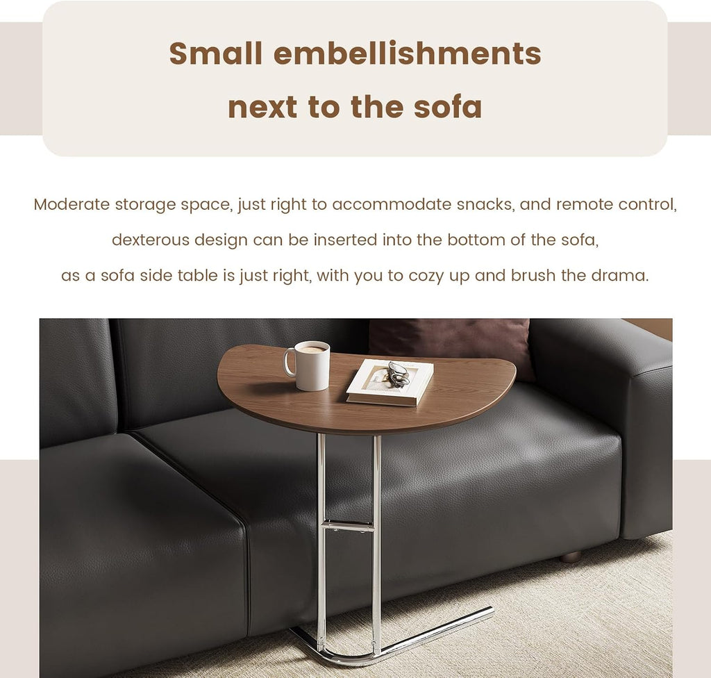 Half Round End Table, 24" Small Half-Moon Side Table for Small Spaces, Metal Frame Wood Accent C Table for Couch & Living Room, Easy Assembly, Walnut