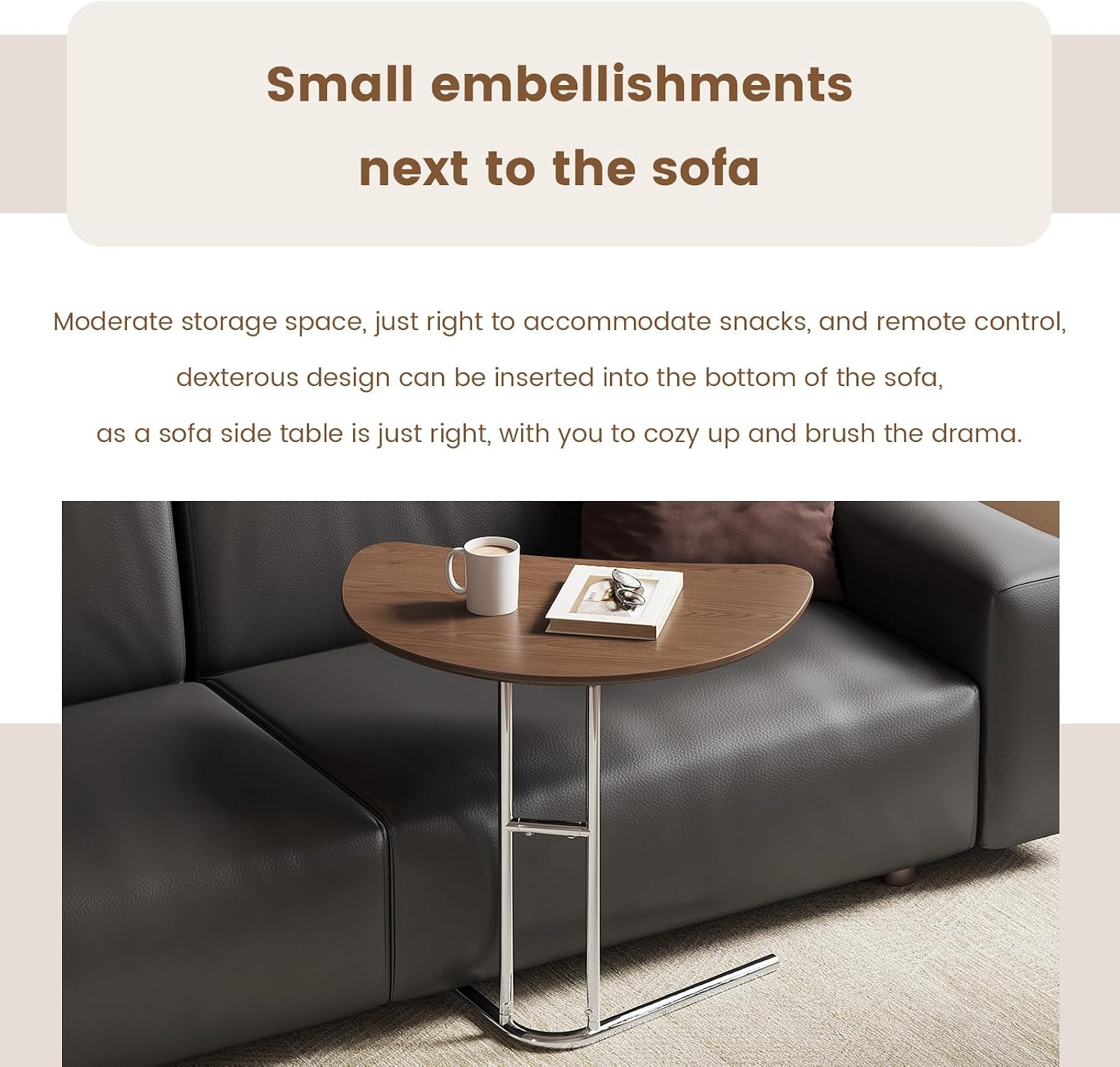 Half Round End Table, 24" Small Half-Moon Side Table for Small Spaces, Metal Frame Wood Accent C Table for Couch & Living Room, Easy Assembly, Walnut
