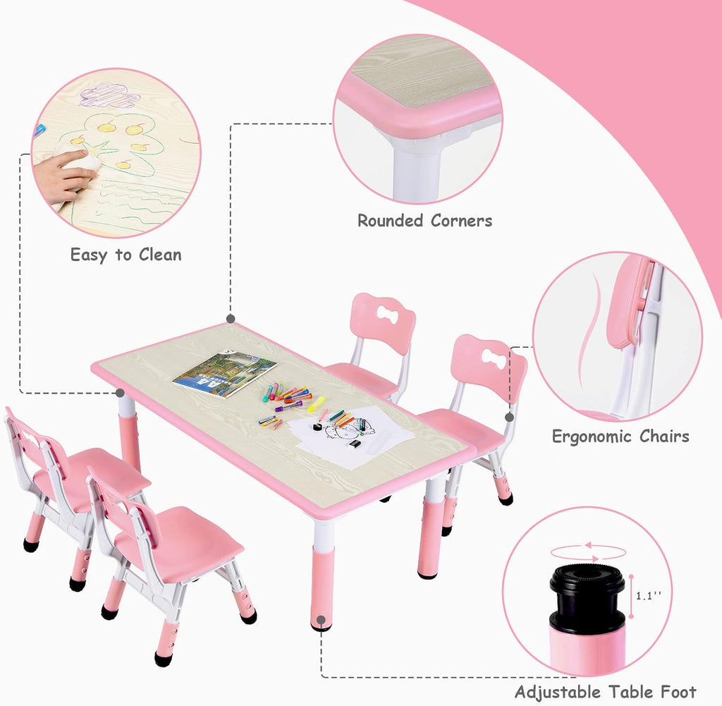Arlopu Kids Table and 4 Chairs, Height Adjustable Toddler Desk & Chair Set, Anti-Slip Legs, Graffiti Desktop, Children Large Multi-Activity Table with 47.2" x 23.6", Classroom, Homes, Daycares (Pink)