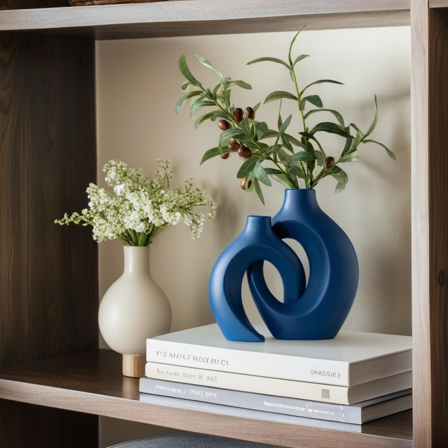 Liotww Snuggle Hollow Ceramic Vase Set of 2, 8.4 Inch Hug Donut Modern Nordic Boho Style Vases for Home Decor Anthropologie Aesthetic Living Room Shelf Coffee Table Decorative (Navy Blue)